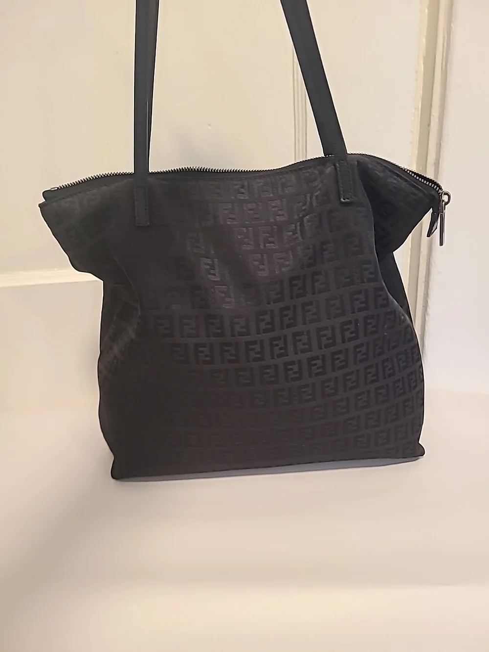 FENDI Black Zucca Nylon Tote Shoulder Bag Monogram FF Logo Hardware Italy Auth